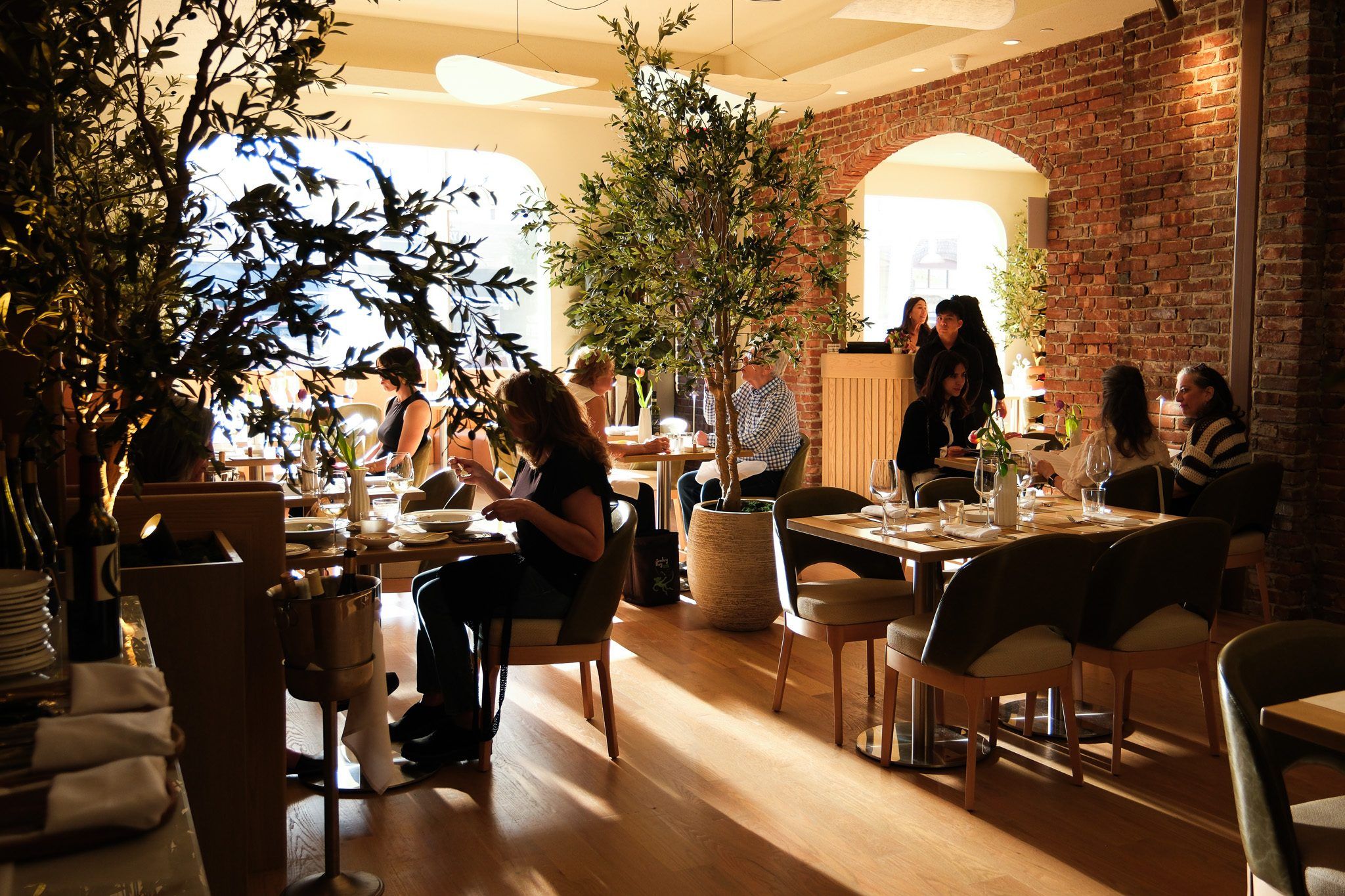 The dining room at Clementina in Upper Montclair, with arched brick openings, olive trees and afternoon light through the front windows